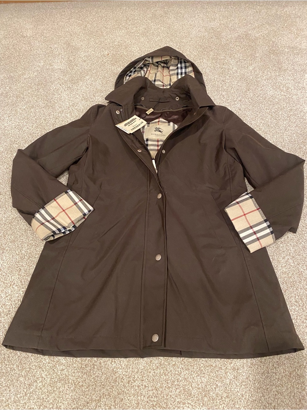 Burberry London Kayla water repellent Dark Brown Hooded Trench Coat Plaid Lining - Picture 2 of 10